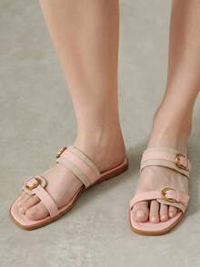Styleloop French Maillard Style Double Gold Buckle Sandals Soft Sole Non-Slip Flat Roman Shoes Summer Wear Versatile Belt Shoes - Lotus root pink T - View 4