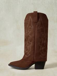 Styleloop Women's Embroidered Western Boots, Music Festival Party Christmas Halloween Costume, Brown Slip-On Chunky Heel Boots Winter Boots - Coffee Brown - View 6