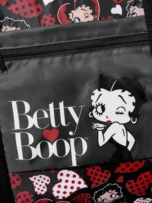 Betty Boop x SHEIN Print Foldable Large Travel Tote Bag, Front Zip Pocket. Foldable Design For Trips, Gym And Daily Luggage Storage - Red + Black - View 6