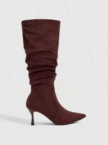 CUCCOO SZL Royal Sister Style Women's Autumn And Winter Commuting Dating Solid Color Pointed Heads Piled High Tube Stiletto Versatile Long Tube Fashion Boots - Coffee brown velvet - View 3