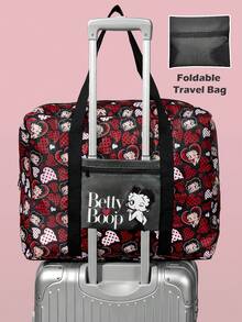 Betty Boop x SHEIN Print Foldable Large Travel Tote Bag, Front Zip Pocket. Foldable Design For Trips, Gym And Daily Luggage Storage - Red + Black - View 2