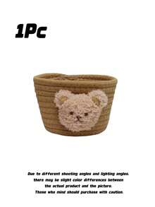 Cute Pink Bear Woven Storage Basket, Cotton Rope Desktop Organizer Bin, Small Decor Basket For Cosmetics, Keys, Stationery, Bedroom Nursery Home Decor - Multicolor - View 8