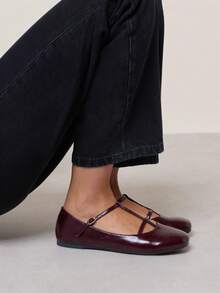 Nöista Burgundy T-Button Mary Jane Women's Shoes, Versatile, Simple And Fashionable Flats - Burgundy - View 6