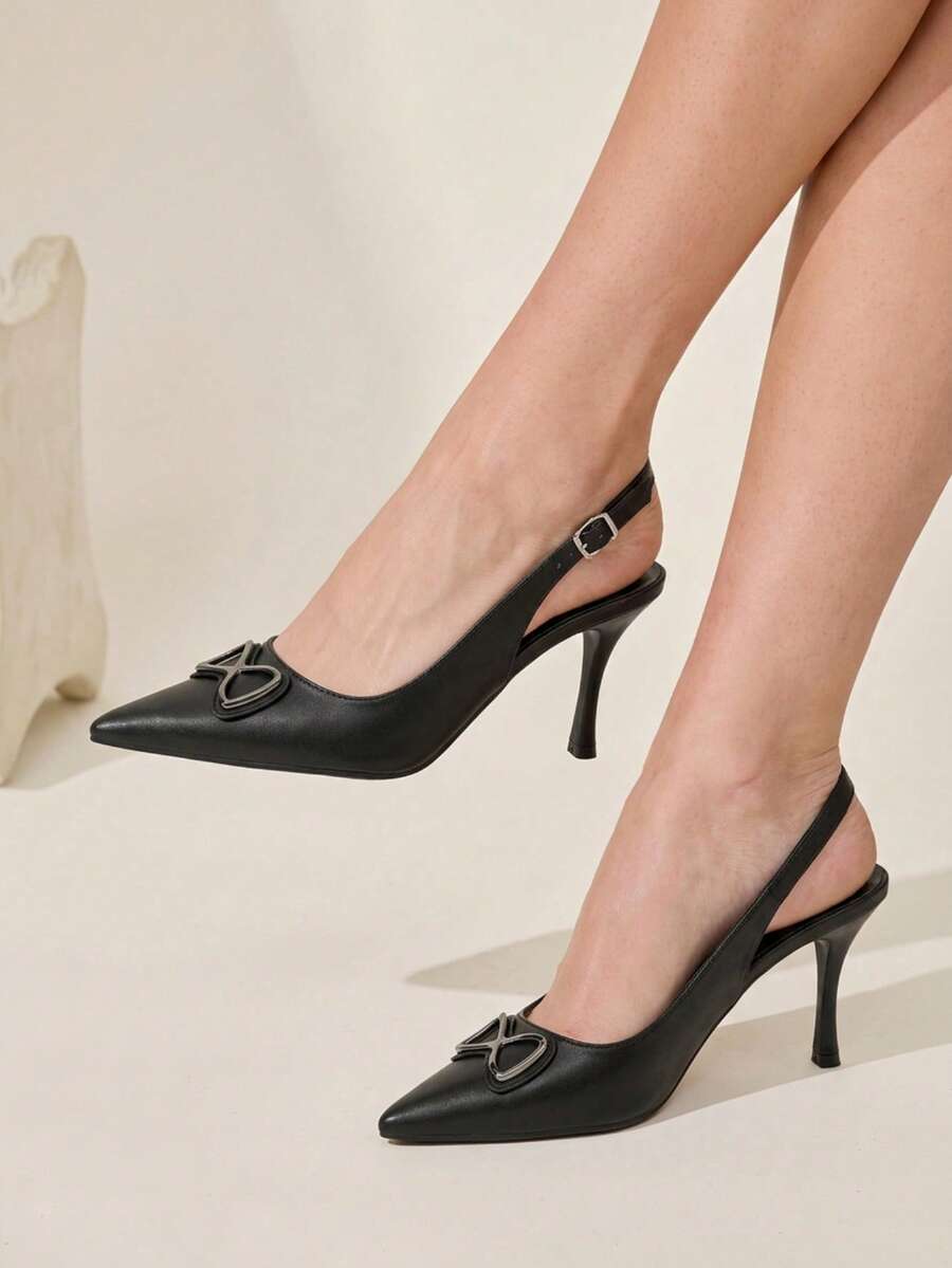CUCCOO CHICEST أحذية نسائية سوداء لامعة مع إبزيم معدني هندسي أمامي وفيونكة وإبزيم قابل للتعديل من الخلف بتصميم مدبب مفتوح مناسبة للعمل والحفلات - الأسود - مشاهدة 1