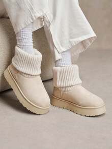 Solecia Women's Knitted Fold-Over Beige Snow Boots, Comfortable Thick Sole Height-Increasing Warm Winter Boots - Beige - View 8
