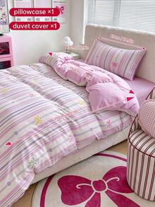 SHEIN 2/3 PCS Printed Duvet Cover Set, 1 Duvet Cover + 1/2 Pillowcases, Soft Breathable Bedding Set, Boho Floral & Cute Bow Stripe & Plaid Pattern Bedding, All Season Duvet Cover, Machine Washable - Purple Bow + Pink Purple - View 14