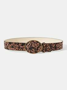 Maija Spice Girl Style Leopard Print Belt, Retro Oval Flat Buckle Decorative Thin Belt - Brown - View 2