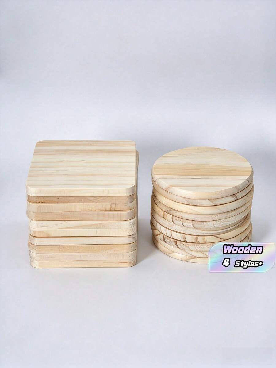 5/10pcs Round/Square 4 Inch Blank Wooden Cup Coasters With Anti-Slip Foam Pads, For DIY Color Painting, Wood Carving Home Decorations - Wooden Coasters - View 1