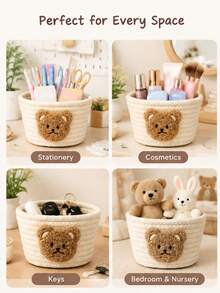 Cute Bear Woven Storage Basket, Cotton Rope Desktop Organizer Bin, Small Decor Basket For Cosmetics, Keys, Stationery, Bedroom Nursery Home Decor - Multicolor - View 4