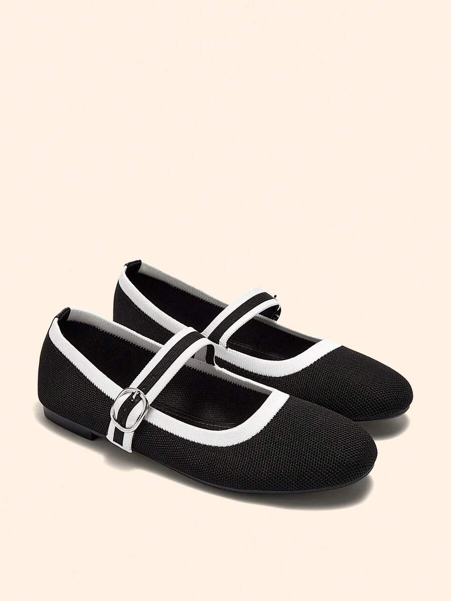 CUCCOO BASICS Women's Square Head Flat Bottom Black And White Building Color Knitted One-Word Belt Mary Jane Flat Bottom Single Shoes Breathable Soft Bottom Versati - Black and White - View 1