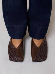 Nöista Pointed Ballet Flat Combining Smooth And Openwork Woven Panels, With A Deep Vamp And Lightweight Design For Summer Wear. - Coffee Brown - View 10