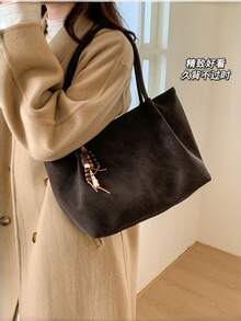 Women Retro Faux Suede Tote Bag With Bead Charm, Soft Large Capacity Shoulder Handbag For Fall Winter Commute - Multicolor - View 4
