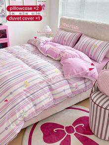 SHEIN 2/3 PCS Printed Duvet Cover Set, 1 Duvet Cover + 1/2 Pillowcases, Soft Breathable Bedding Set, Boho Floral & Cute Bow Stripe & Plaid Pattern Bedding, All Season Duvet Cover, Machine Washable - Purple Bow + Pink Purple - View 20