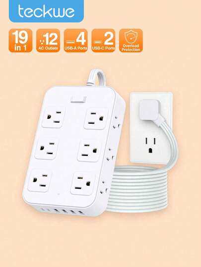 Teckwe Regleta de 19 en 1 con protector de sobretensión con 12 tomas de CA, 4 puertos USB y 2 puertos Tipo-C | Expansor de enchufes múltiples, enchufe de pared USB, regleta compacta de escritorio | Diseño de enchufe plano, cable de extensión ahorrador de espacio para el hogar, la oficina y la cocina