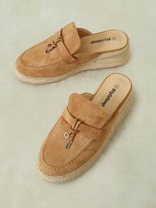 Styleloop Ladies Autumn Camel Suede Metal Charm Bow Baotou Half Tow, Round Head Slope Heel Straw Thick Bottom Daily Wear Muller Slippers - Camel - View 6