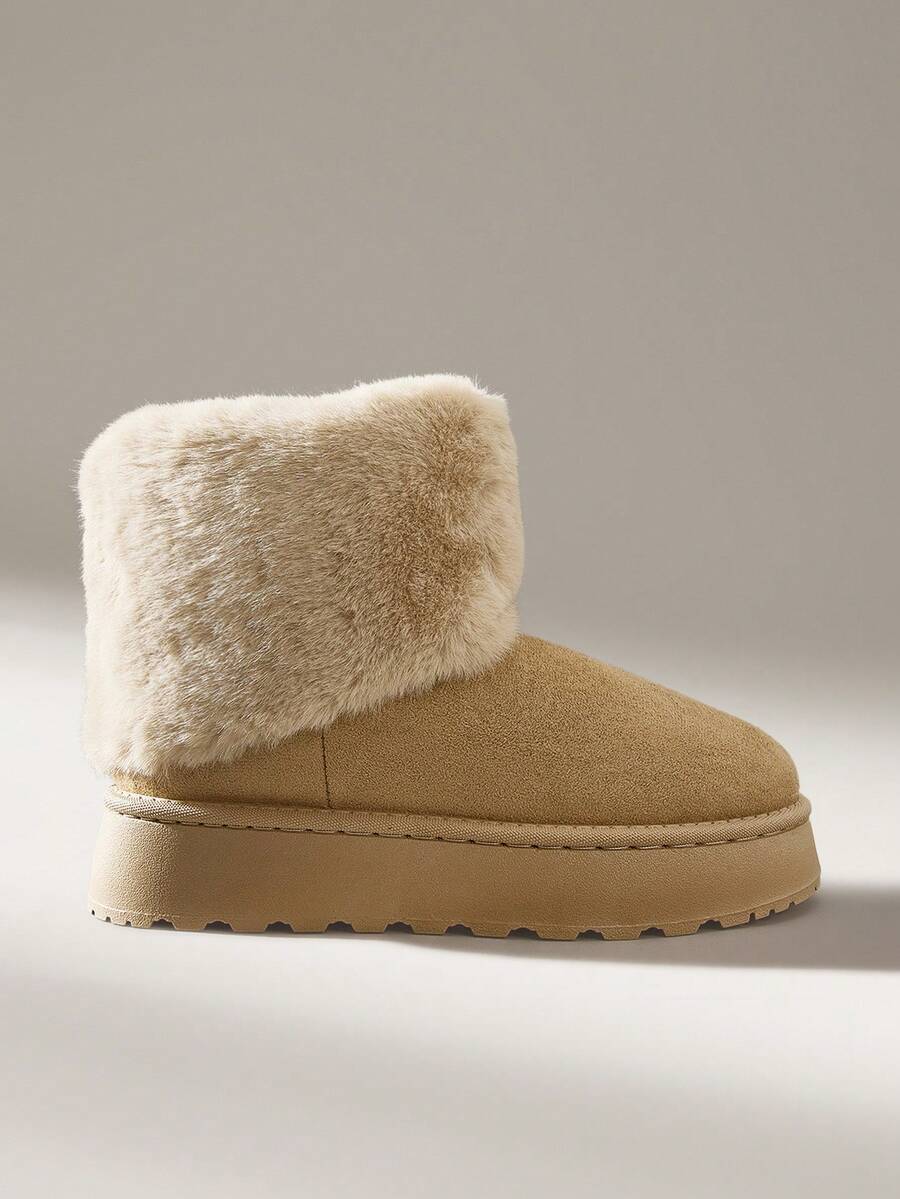 Solecia 女鞋女款雪地靴,適合秋冬日常穿著,新款秋冬可折疊大毛絨雪地靴,厚底防滑 - 米色, - 查看 1
