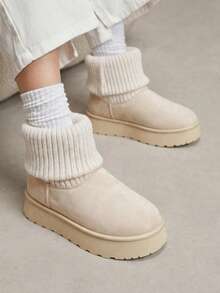Solecia Women's Knitted Fold-Over Beige Snow Boots, Comfortable Thick Sole Height-Increasing Warm Winter Boots - Beige - View 3
