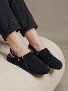 Solecia Autumn And Winter New Elegant Imitation Suede, Round Toe, Back Lift Buckle Design, Slip-On Off The Heel, Women's Flat Shoes - Black velvet - View 5