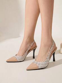 CUCCOO CHICEST Pink Polka Dot Stitching Rear Strap High Heels Female Pointed Toe Elastic Rear Thin Heel Retro Sweet Girl Dating Dress Shoes - Pink White - View 2