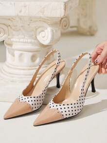 CUCCOO CHICEST Pink Polka Dot Stitching Rear Strap High Heels Female Pointed Toe Elastic Rear Thin Heel Retro Sweet Girl Dating Dress Shoes - Pink White - View 6