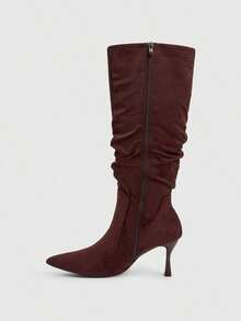 CUCCOO SZL Royal Sister Style Women's Autumn And Winter Commuting Dating Solid Color Pointed Heads Piled High Tube Stiletto Versatile Long Tube Fashion Boots - Coffee brown velvet - View 4