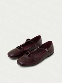 Nöista Burgundy T-Button Mary Jane Women's Shoes, Versatile, Simple And Fashionable Flats - Burgundy - View 3