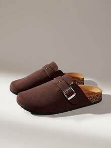 Solecia Retro Suede Half-Drag Women's Shoes, Metal Buckle Cork Bottom ...