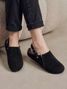 Solecia Autumn And Winter New Elegant Imitation Suede, Round Toe, Back Lift Buckle Design, Slip-On Off The Heel, Women's Flat Shoes - Black velvet - View 8