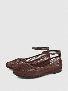 Sleekvia New Women's Summer Popular Fashion Minimalist Woven Breathable Mesh Pointed Toe Adjustable Strap Flat Brown Shoes - Brown - View 2