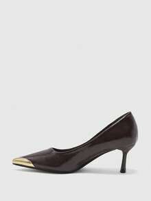 CUCCOO BIZCHIC Women's Dark Brown Glossy Textured Pointed-Toed High Heels, Gold Metal Toe Hemming, Thin Cat Heel, And High-Heeled Single Shoes. - Coffee Brown - View 4
