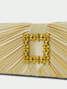 SHECARRY Ladies' Fashion Gold Satin Pleated Clutch Bag, Exquisite Rhinestone Square Buckle, For Parties, Dinners, Festivals, Weddings, Dress Matching - Gold - View 6