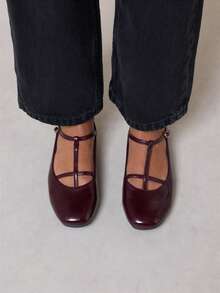 Nöista Burgundy T-Button Mary Jane Women's Shoes, Versatile, Simple And Fashionable Flats - Burgundy - View 4