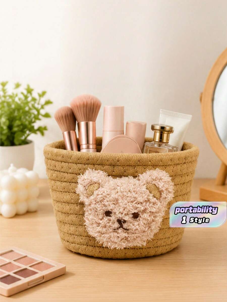 Cute Pink Bear Woven Storage Basket, Cotton Rope Desktop Organizer Bin, Small Decor Basket For Cosmetics, Keys, Stationery, Bedroom Nursery Home Decor - Multicolor - View 1