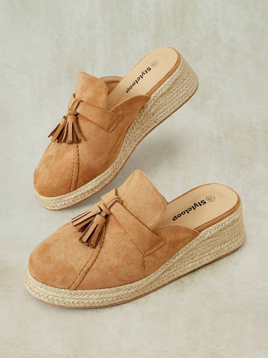 Styleloop Women's Autumn Camel Suede Fringed Bag Head Half-Tow, Round Head, Weave Wedge Heel, Thick Bottom Fashion, Wear Muller Slippers - Camel - View 1