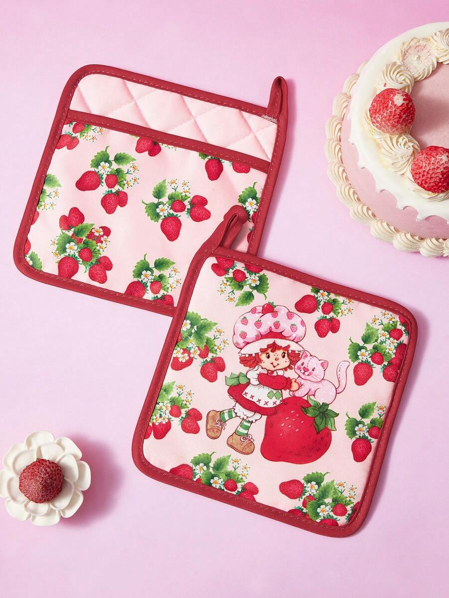 Strawberry Shortcake X SHEIN 1pc/2 Pcs Cute Cartoon Print Kitchen Insulation Set, Insulation Mat, A Must For Kitchen Baking, Effectively Isolating Heat Sources, Single/Combination - Pink - View 1