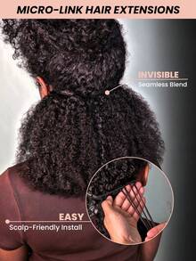 Butterfly Weft Afro Kinky Curly Micro Link Hair Extensions Dual-Sided Wefts 100% Remy Human Hair Natural Color Double Layered Weft Crochet Human Hair Extension Micro Loop Hair Natural Blend For Women Daily Use - Natural Black - View 4