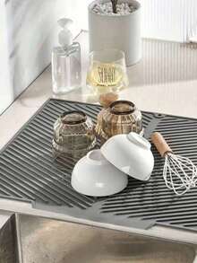 1 Silicone Drain Mat, Sloped Bowl And Cup Rack Pad, Bathroom Drain Filter Mat, Non-Slip Kitchen Table Mat, Placemat/Coaster, Kitchen Accessory, Heat-Resistant, Non-Slip Kitchen Mat For Sink Area, Home And Kitchen Decor - Dark Grey - View 9