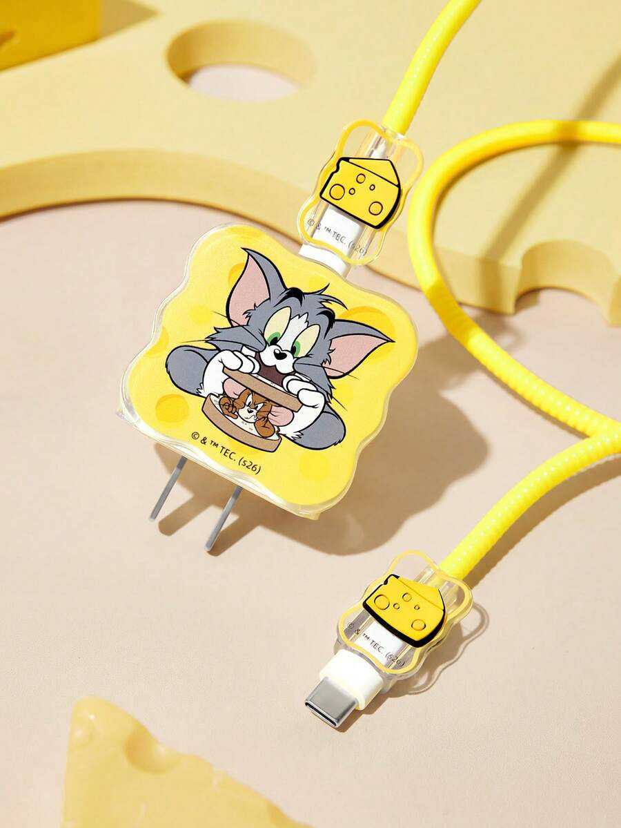 TOM & JERRY X SHEIN 數據線保護套,適用於 iPhone 充電器,4 件組手機線材保護套,充電器保護套(不含數據線) - 黃色 - 查看 1