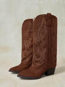 Styleloop Women's Embroidered Western Boots, Music Festival Party Christmas Halloween Costume, Brown Slip-On Chunky Heel Boots Winter Boots - Coffee Brown - View 2