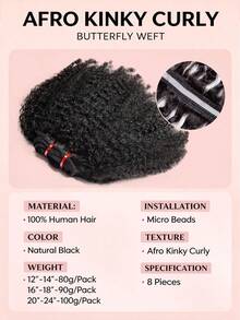 Butterfly Weft Afro Kinky Curly Micro Link Hair Extensions Dual-Sided Wefts 100% Remy Human Hair Natural Color Double Layered Weft Crochet Human Hair Extension Micro Loop Hair Natural Blend For Women Daily Use - Natural Black - View 6