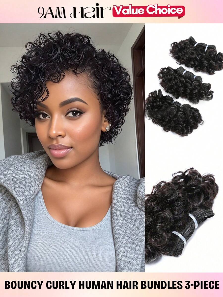 شعر بشري طبيعي 6 بوصة قصير امتدادات شعر بشري حزم شعر مجعد 3 قطع/مجموعة 100 جرام امتدادات مناسبة لأنواع الشعر - حزم شعر مجعد مرنة للهالوين أو عيد الميلاد - Natural Black - مشاهدة 1