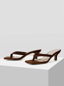 Mnmlis Sandal kẹp nữ mùa hè họa tiết đơn giản gót kitten heel - màu nâu - Xem 2