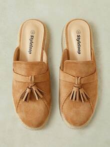 Styleloop Women's Autumn Camel Suede Fringed Bag Head Half-Tow, Round Head, Weave Wedge Heel, Thick Bottom Fashion, Wear Muller Slippers - Camel - View 2
