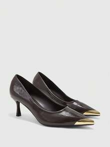 CUCCOO BIZCHIC Women's Dark Brown Glossy Textured Pointed-Toed High Heels, Gold Metal Toe Hemming, Thin Cat Heel, And High-Heeled Single Shoes. - Coffee Brown - View 1