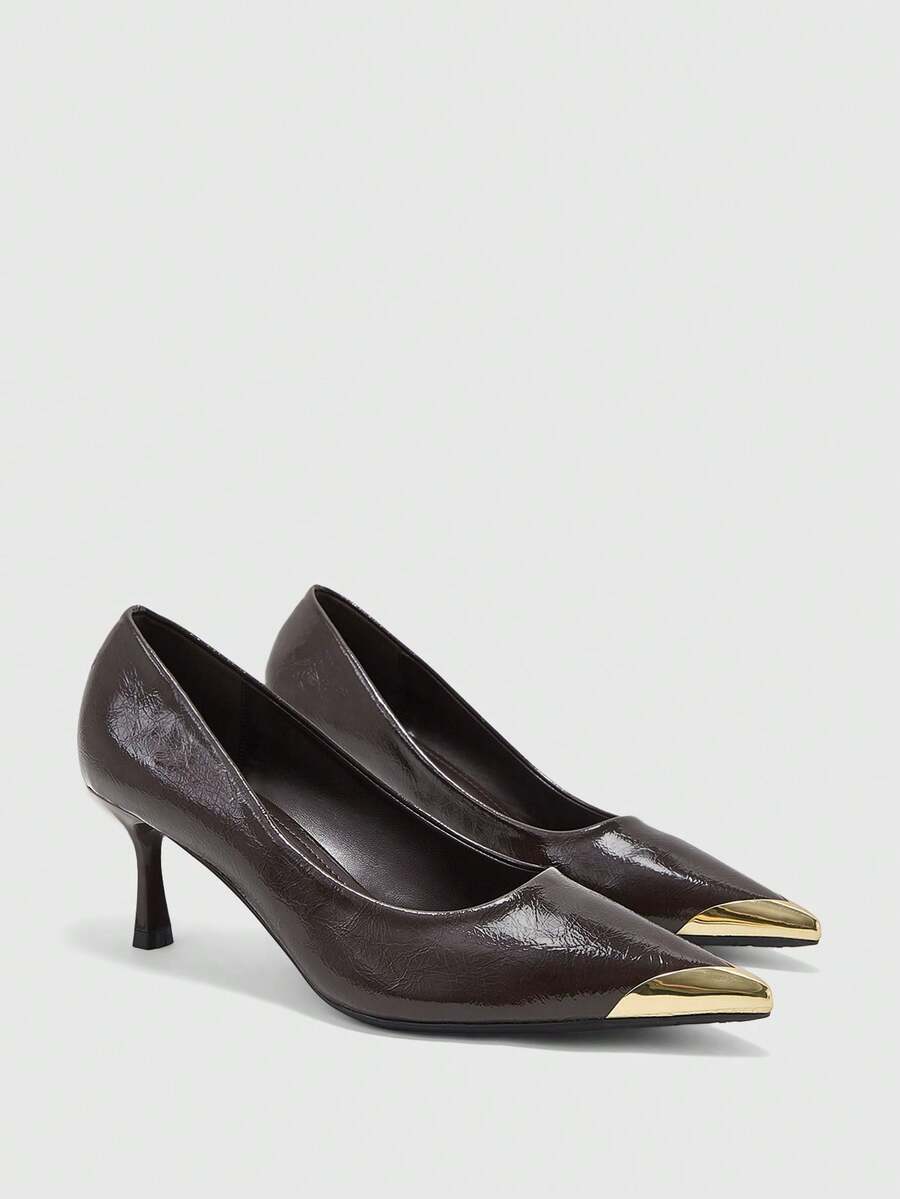 CUCCOO BIZCHIC Women's Dark Brown Glossy Textured Pointed-Toed High Heels, Gold Metal Toe Hemming, Thin Cat Heel, And High-Heeled Single Shoes. - Coffee Brown - View 1