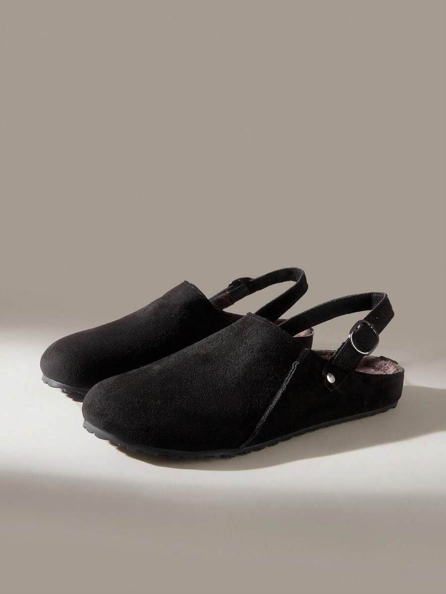 Solecia Autumn And Winter New Elegant Imitation Suede, Round Toe, Back Lift Buckle Design, Slip-On Off The Heel, Women's Flat Shoes - Black velvet - View 1