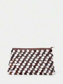 SHECARRY Women's Fashion Fish Scale Shell Slices Clutch Bag, Exquisite Brown + Beige Contrasting Shell Slices, For Shopping, Vacation, Travel, Bohemia - Coffee - View 4