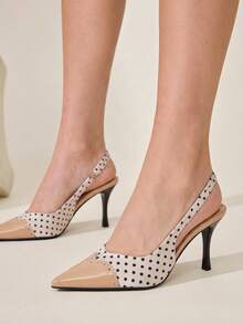 CUCCOO CHICEST Pink Polka Dot Stitching Rear Strap High Heels Female Pointed Toe Elastic Rear Thin Heel Retro Sweet Girl Dating Dress Shoes - Pink White - View 4