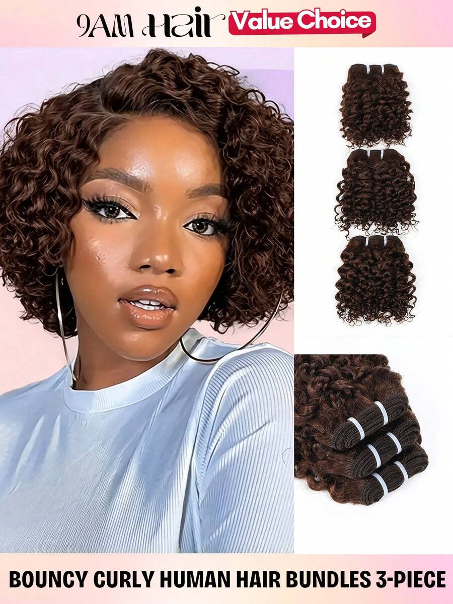 Christmas Water Wave 1 Set 3pcs 6 Inch Bundles Human Hair, Brazilian Curly Human Hair Bundles, Double Weft Jerry Curl Wave Bundles, Natural Black Color Wet And Wavy Hair Extensions - S4 - View 1