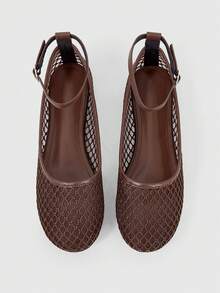 Sleekvia New Women's Summer Popular Fashion Minimalist Woven Breathable Mesh Pointed Toe Adjustable Strap Flat Brown Shoes - Brown - View 1